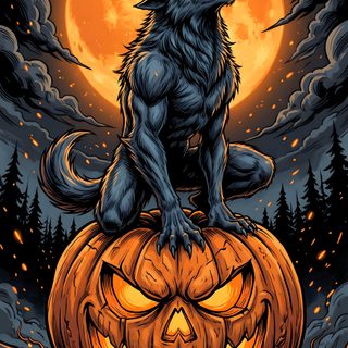 a wolf sitting on top of a pumpkin with the moon in the sky behind it Halloween For Men dark slate gray