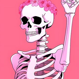 a skeleton with pink flowers on its head holding up the peace sign in front of it Pink Halloween Skeleton Pastel Skeleton Background, Pink Skeleton, Pink Skull Aesthetic, light coral