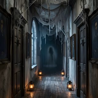 a creepy hallway with candles lit up in the dark Halloween Hallway dark slate gray