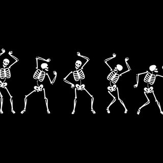 three skeletons dancing in the dark with one skeleton holding up his hand and another standing behind him Halloween Skeleton Party Dancing Halloween, Halloween Dancing Skeleton, 3 Skeletons Dancing, black