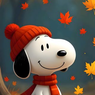 a cartoon dog wearing a red hat and scarf sitting in the fall leaves next to a tree Snoopy Halloween 4k Gifs Snoopy, Images Snoopy, Good Morning Snoopy, dark olive green