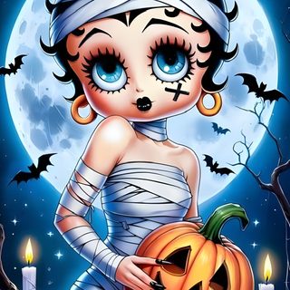a girl with blue eyes holding a pumpkin in front of a full moon Betty Boop Halloween Betty Boop Halloween, Vintage Halloween Images, Halloween Cute, slate gray