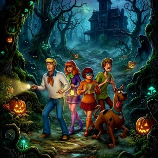 a group of people standing next to each other in front of a forest filled with pumpkins Halloween Scooby Doo black