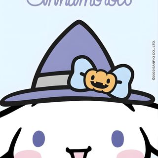 an animal with a hat on it's head and the words cinnamonbell above it Cinnamon Roll Sanrio Halloween Halloween Sanrio Desktop, Cinnamon Roll Sanrio Halloween, Cinnamon Roll Hello Kitty Halloween, alice blue