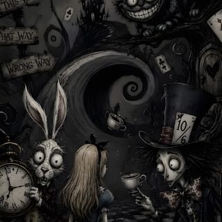 alice and the rabbit in wonderland with their clock faces painted on by children's artwork Halloween Alice Custom black