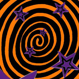 an orange and black spiral with stars in the middle is surrounded by smaller purple stars Halloween Swirls Party Y2k Halloween Background, Halloween Y2k Aesthetic, Black And Orange Star,
