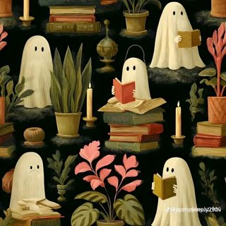 a wallpaper with books, plants and ghost like figures on it's black background Halloween For Home Office Reading Artwork, Teacher, Witch, Halloween Cute, Witchy, dark olive green
