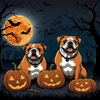 two dogs sitting in the grass with pumpkins Halloween Boxer Dog dark slate gray