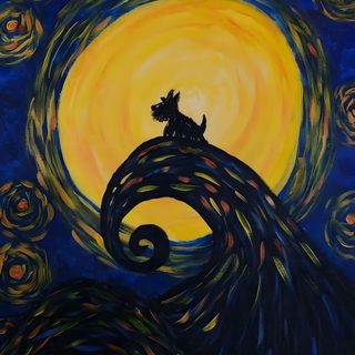 a painting of a dog sitting on top of a wave in the sky with stars Halloween Scottish Terrier Scottie Puppies, Schnauzer Art, Mini Schnauzer, Cairn Terrier, dark slate gray