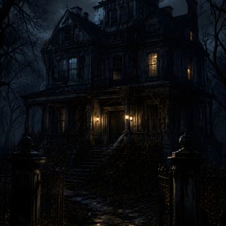 an old creepy house at night with the moon in the sky Halloween Creepy House black
