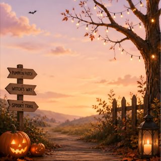 a wooden path with pumpkins and lights on it Halloween Road rosy brown