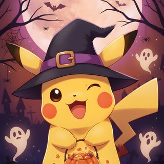 pikachu in a witches hat with pumpkins on the ground and bats flying around Pikachu Halloween Halloween Pokémon, Cute Cute Halloween Pokemon, Pikachu Halloween, sienna