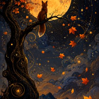 a painting of a fox sitting on a tree branch with the moon in the background Halloween Forest Animals Paper Art, Wall, black