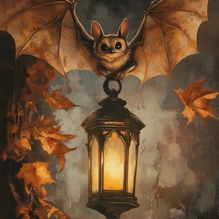 a painting of a bat hanging from a lantern Halloween Forest Animals Bat Pictures Halloween, Halloween Bat Picture, Creepy Bats, dark olive green