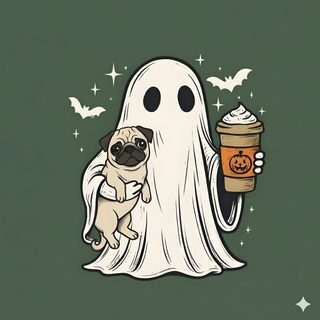 a pug dog holding a cup of coffee in front of a ghost Halloween Pug Pug, Ghost, Witch, Halloween Fun, Cute Pug Fall, Halloween Dog, dark slate gray