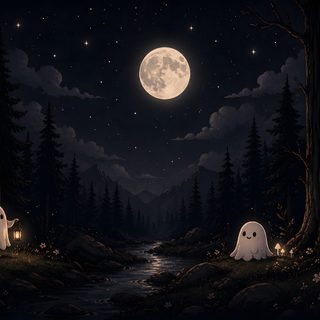 two ghost are sitting in the woods at night Halloween Laptop Ghost Dark Backgrounds For Computer, Macbook Desktop Aesthetic Dark, Ghost Pc, black