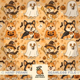 an orange and white halloween themed background with corgi, pumpkins, and ghost dogs Halloween Corgi Pattern Seamless Fall Repeat Pattern File, Halloween Projects, Costume Patterns, burlywood