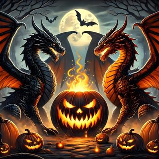 two dragon statues with pumpkins in the foreground and a full moon behind them Dragon Halloween Dragon Halloween, Picture Mix, Việt Nam, Halloween, dark olive green