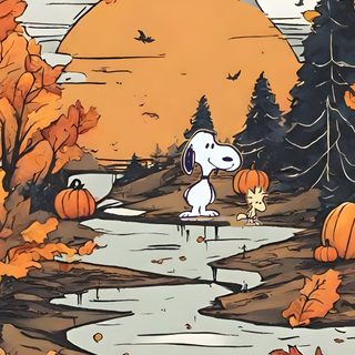 a painting of a dog with pumpkins on the ground and trees in the background Woodstock Halloween Autumn Landscape With Pumpkins And Moon, Autumn Night Art, Cozy Fall Inspiration, peru