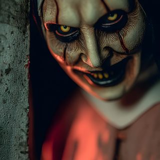 a creepy clown with yellow eyes peeking out from behind a wall Halloween Face Valak, Annabelle Horror, Annabelle Horror Doll, Valak Hd, Horror Scary, dark slate gray