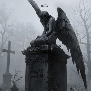an angel statue sitting on top of a grave surrounded by trees and tombstones in the fog Halloween Angel Angel In Graveyard, Angel Iphone, Fondos De Pantalla Aesthetic Oscuros, Angel Statue, gray