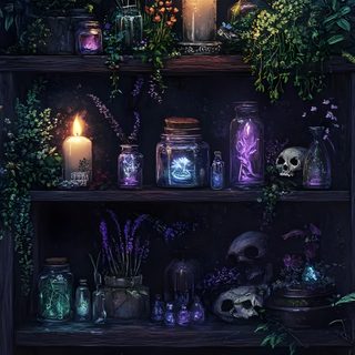 a shelf filled with lots of plants and candles Halloween Plant Witchy Home Screen, Witch House Background Aesthetic, Alchemist Library, black