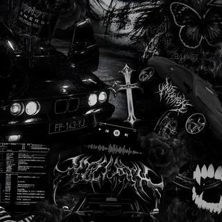 a black and white photo with lots of stickers on the side of a car Iphone Edgy Aesthetic Halloween Edgy Backgrounds, Dark Emo, Aesthetic Black And White, Black Car,