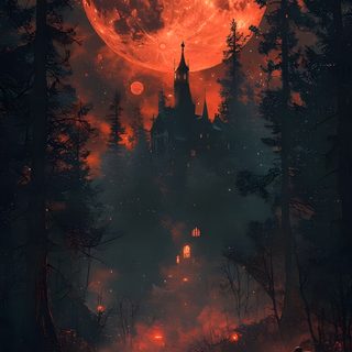 an image of halloween pumpkins in the woods with a castle and full moon behind them Ios 16 Iphone Halloween Halloween Iphone, Halloween Phone Backgrounds, Halloween Moon, dark slate gray