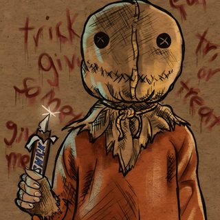 a drawing of a scarecrow holding a lighter Halloween Sam Sam Trick Or Treat Drawing, Candyman Painting, Horror Movie Character Sam, sienna