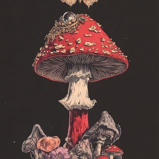 a mushroom with moths on it sitting in the middle of a field under a full moon Halloween Moth Psychedelic Animal Art, Mushroom Background Aesthetic, Moths And Mushrooms, dark slate gray