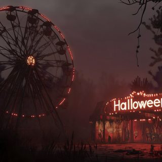 an amusement park at night with lights on the ferris wheel and halloween sign lit up Halloween 2018 4k Fond D Ecran, Free Download, Halloween, black
