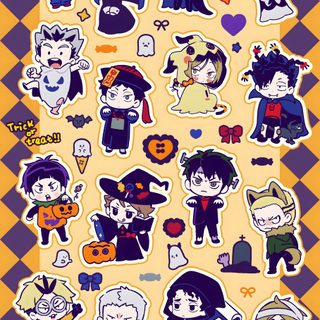 halloween stickers are arranged on a yellow background Haikyuu Halloween Haikyuu Halloween, Haikyuu Halloween Icons, Halloween Haikyuu, Haikyu Halloween, sandy brown