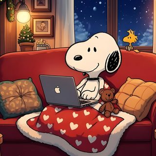 a cartoon snoopy sitting on a couch with a laptop in his lap and holding a teddy bear Snoopy Halloween Laptop Flower Sugar Cookies, Dragon Ball Z Iphone, Halloween Music, saddle brown