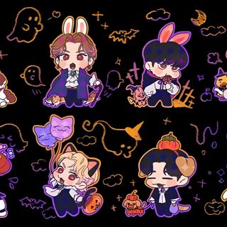 some cute little anime stickers that are on a black background with purple and orange colors Stray Kids Halloween Laptop Kpop Demon Hunters Bookmark, Straykids Fanart Ot8, K-pop Demon Hunters Doodles, black