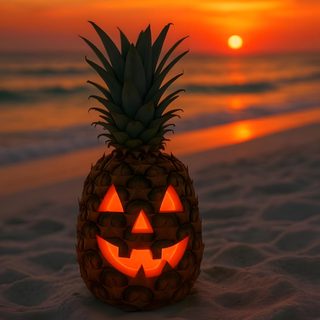 a pineapple carved to look like a jack - o'- lantern on the beach Halloween Tropical Life Size Witch, Pumpkin Table Decorations, Garden Party Supplies, dark olive green
