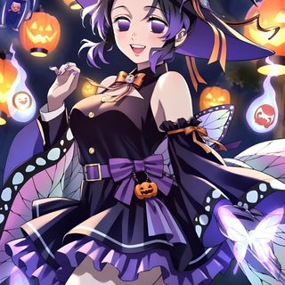 a woman dressed as a witch flying through the air Demon Slayer Halloween Shinobu Halloween 2023, Kocho Shinobu Halloween, Halloween Anime Demon Slayer, dark slate blue