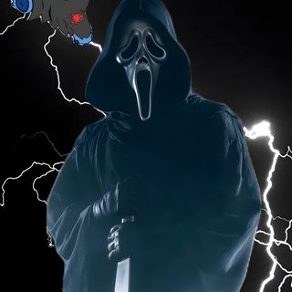 a man in a hooded jacket with a knife and skull on his head standing next to a lightning bolt Stitch Halloween Ghostface black
