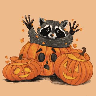 a raccoon in a pile of pumpkins with its eyes open and hands out Halloween Raccoon burlywood