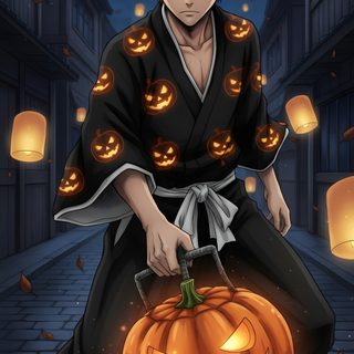 an anime character holding a pumpkin in his hand Bleach Halloween Bleach Halloween Art, dark slate gray