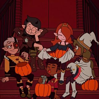 an animated halloween scene with pumpkins on the steps and witches in costumes around them The Owl House Halloween Luz Amity And Hunter, Owl House, Gravity Falls, Steven Universe, Duck Tales, maroon