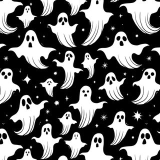 a black and white pattern with ghost faces on it's face, in the night sky Halloween Spooky Ghost Pattern Ghost Pattern, Black And White Ghost, Halloween Ghost Pattern Design,