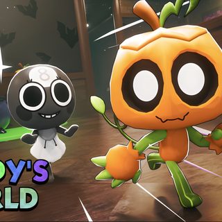 two cartoon characters standing in front of each other on a wooden floor with the caption dandy's world Dandys World Halloween Toons Dandy, dark olive green