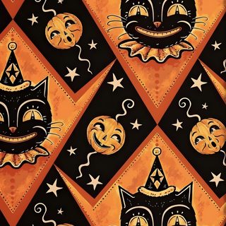 an orange and black pattern with cats on it Old School Halloween Art Facile Gribouillage, Vintage Halloween Art, Halloween Iphone Backgrounds, saddle brown