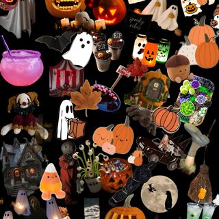 a collage of halloween themed items on a black background Halloween Junk black