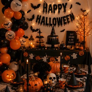 a halloween party with black and orange decorations Halloween Party Ideas maroon
