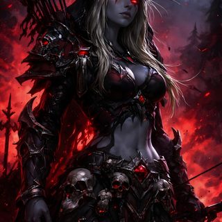 a woman dressed as a demon with red eyes and horns on her head, standing in front of flames World Of Warcraft Halloween Night Elf Wow Art, World Of Warcraft Art, Wow Blood Elf Demon Hunter, black
