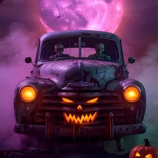 an old car with carved pumpkins in front of it and a full moon behind it Halloween Car Halloween Live, Scary Photos, Halloween Party Poster, Halloween Cute, dark slate gray