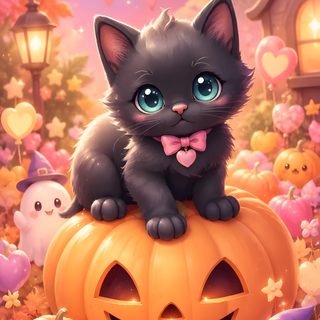 a black kitten sitting on top of a pumpkin in the middle of a halloween scene Halloween Kittens salmon