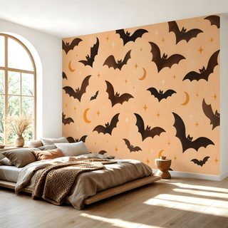 a bedroom with bats painted on the wall and bedding in front of a window Halloween For Bedroom tan