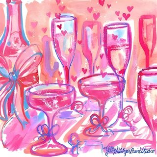 a painting of wine glasses and bottles with hearts on the wall in the back ground Lilly Pulitzer Halloween Lilly Pulitzer Mojito, Lilly Pulitzer Illustration, Lilly Pulitzer Happy New Year, light pink